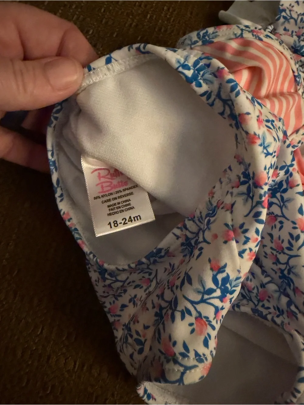 Ruffle Butts Coral Stripe and Blue Floral Ruffle-Trim One-Piece Swimsuit